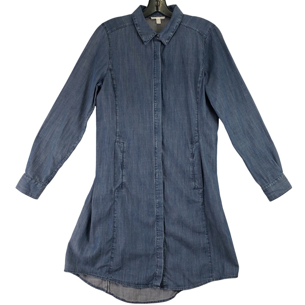 Eileen Fisher Tencel Denim Shirt Dress Womens XS Blue Long Sleeve Minimalist